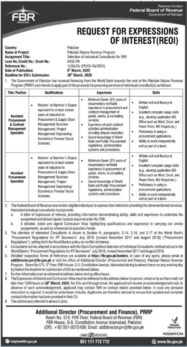 FBR Vacancies 2025 Advertisement