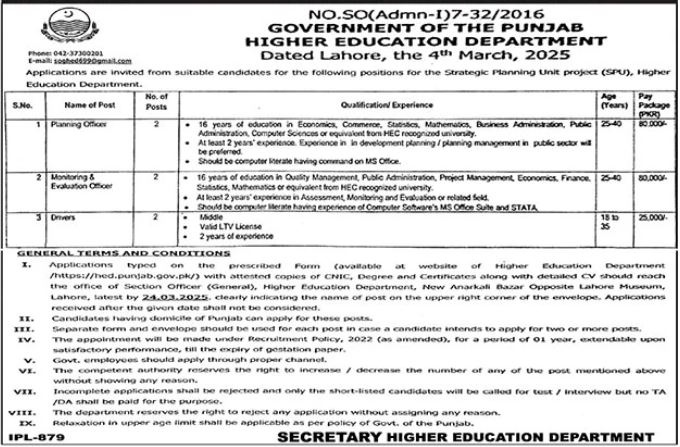 Punjab Higher Education Department Lahore Jobs 2025 Apply Online Advertisement