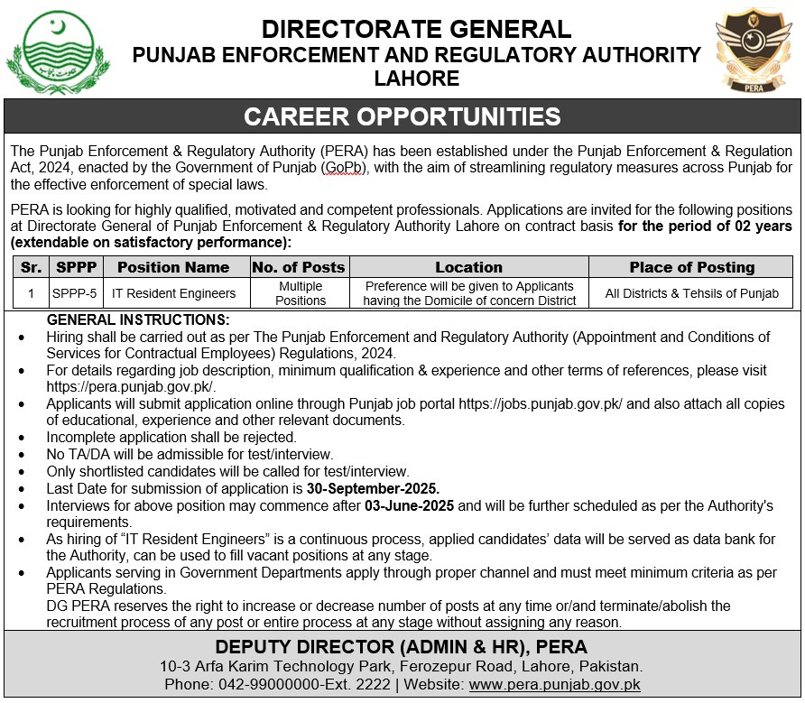 Punjab Enforcement And Regulatory Authority PERA Jobs 2025 New Advertisement